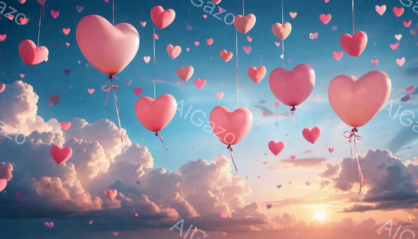 空には、ハート型のピンク色の風船が数多く浮かび、まるで愛に満ちた夢のような光景を作り出しています。地平線には夕焼けが広がり、雲はオレンジ色とピンク色に染まっており、穏やかでロマンチックな雰囲気を醸し出しています。全体的に、優しさと希望に満ちた暖かく幻想的なイメージです。