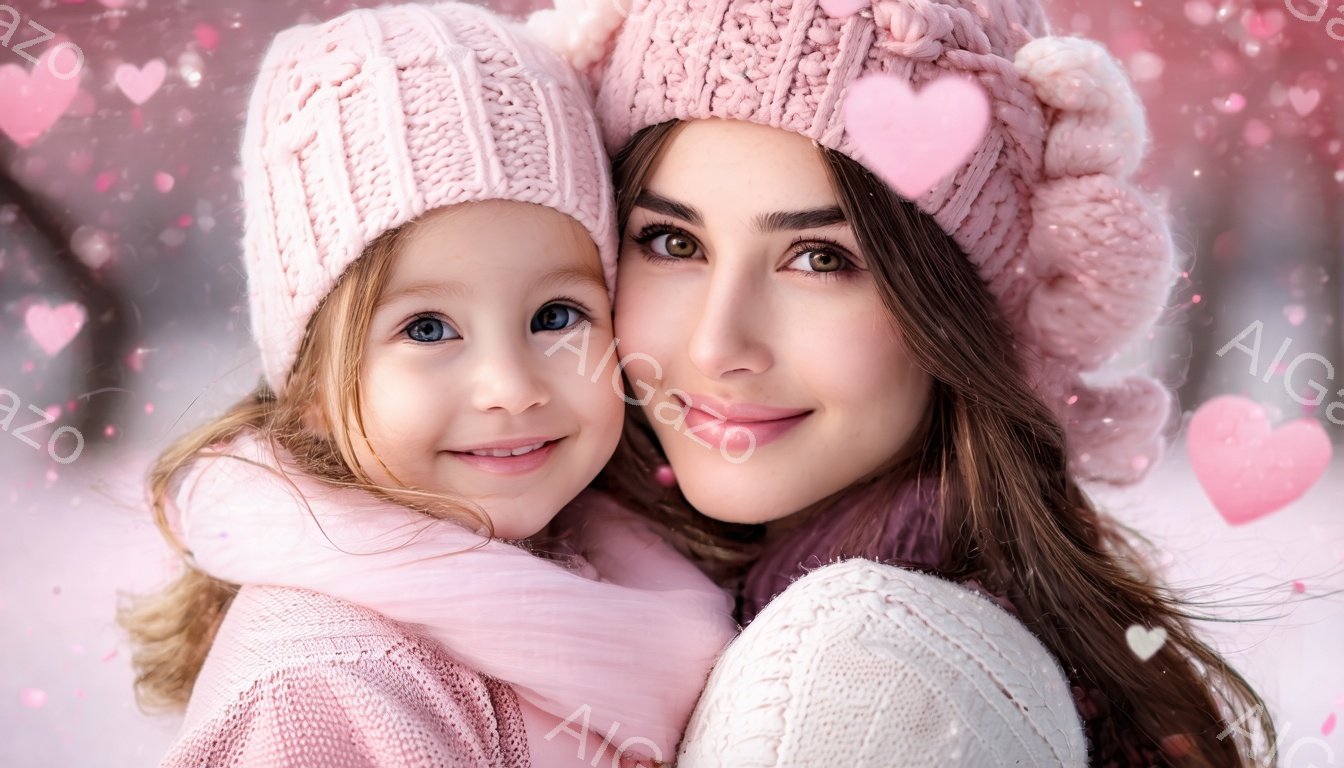 金髪の女性と幼い女の子が、ピンク色の編み帽子とセーターを着て、互いに寄り添って微笑んでいます。背景は雪景色で、ピンク色のハート型の光が舞い散っており、温かく幸せな雰囲気を醸し出しています。二人の表情は穏やかで、愛情に満ち溢れています。