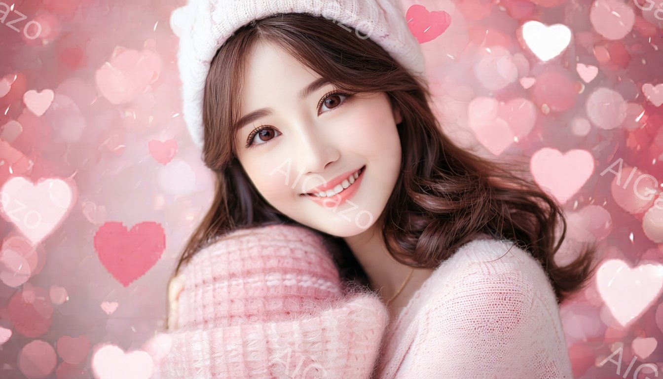 明るい笑顔を浮かべた若い女性が写っています。彼女はピンクのニットセーターと白いニット帽を着用し、肩からかけているブランケットもピンク色です。背景には、ぼやけたピンクと白のハートが舞い散り、暖かくロマンチックな雰囲気を醸し出しています。