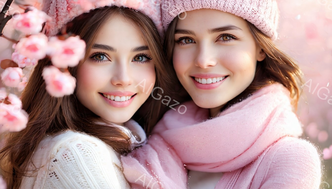 二人の若い女性が春の桜の木の下で寄り添って微笑んでいます。一人は白いセーターを着て、もう一人はピンクのニット帽とマフラーを身につけ、どちらも明るい表情でカメラを見ています。背景にはぼやけた桜の花びらが散りばめられ、暖かくロマンチックな雰囲気を醸し出しています。