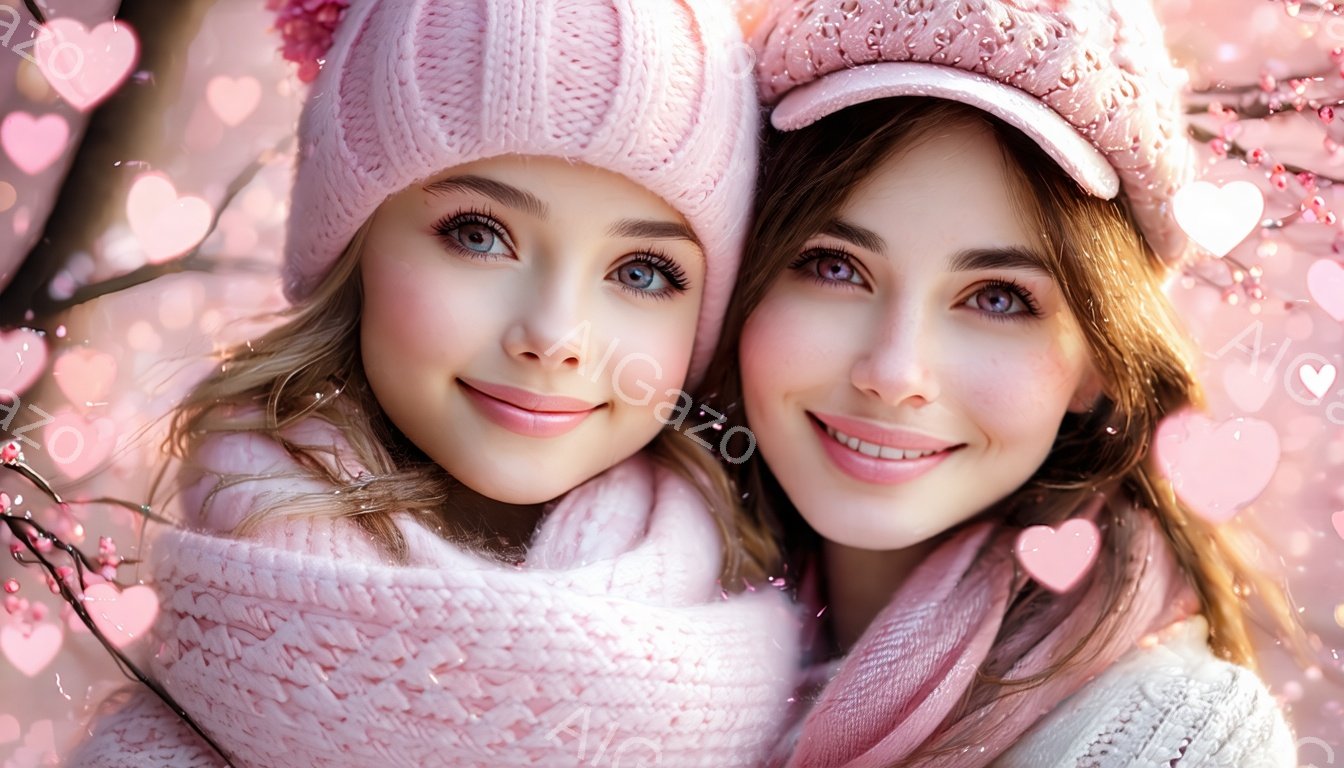 明るい笑顔を浮かべた二人の少女が、ピンク色のニット帽とマフラーを身につけて寄り添っています。彼女たちは青い目を輝かせ、柔らかいクリーム色のセーターを着ています。背景にはぼやけた桜の花びらが舞い、ロマンチックで暖かい雰囲気を醸し出しています。