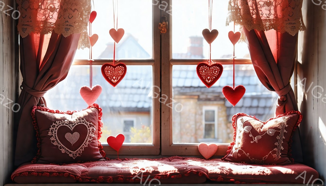 窓辺のくぼみに、赤とピンクの色合いのクッションが置かれ、レース編みの装飾が施されたカーテンが飾られています。赤いハート形のオーナメントが窓から吊り下げられ、温かくロマンチックな雰囲気を醸し出しています - AI生成フリー素材