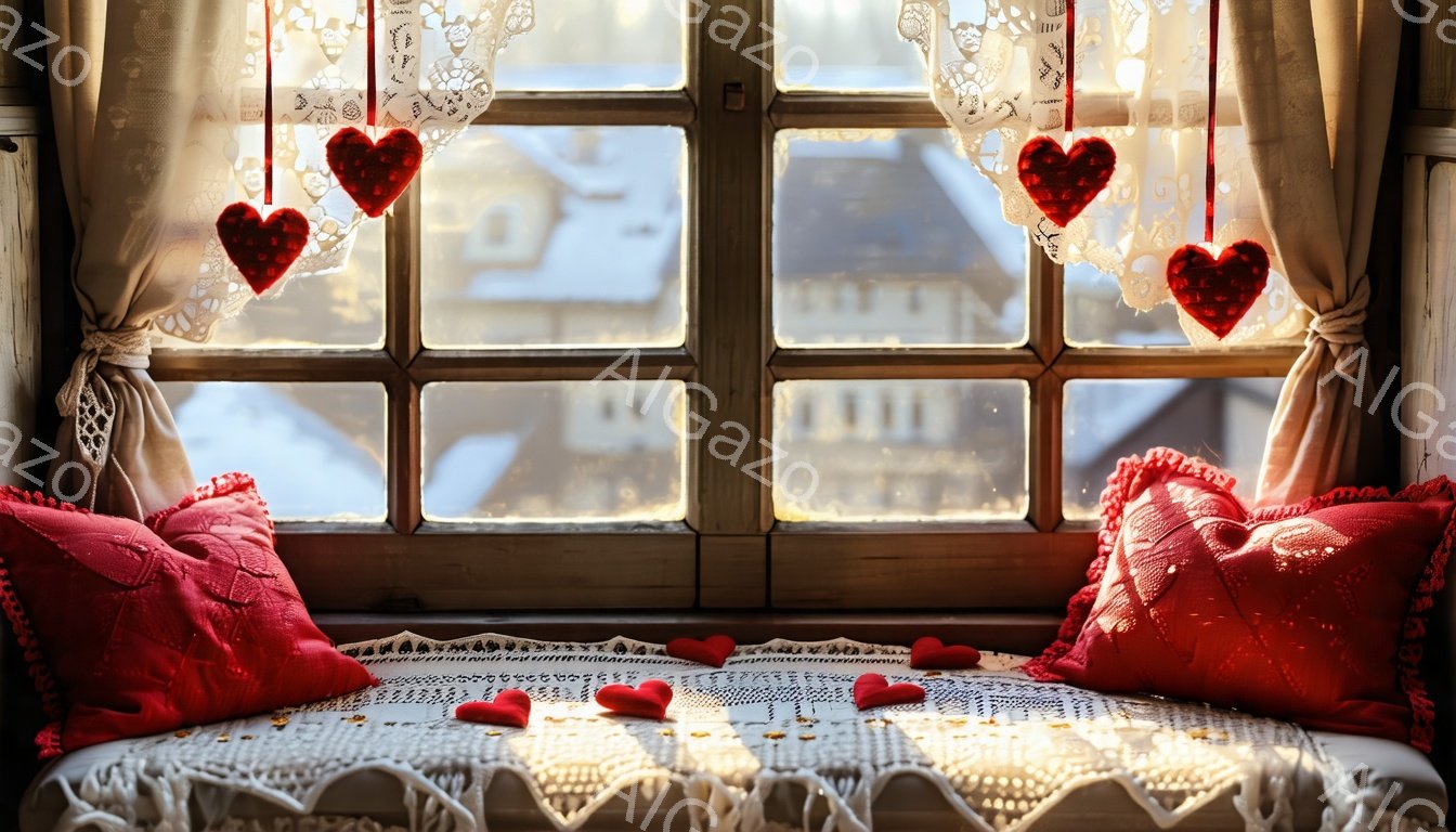 古い窓枠に赤いハートが飾られた、温かみのある室内が写っている。窓の外には雪景色が広がり、白い雪と薄暗い空が冬の静寂さを強調している。ベッドやクッションは赤や白を基調としたもので、バレンタインやロマンチックな雰囲気を醸し出している。
