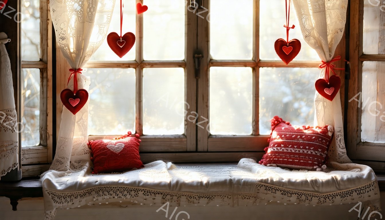 古い窓枠に白いレースのカーテンが飾られ、窓辺には白い布で覆われた座席があります。赤いハート型のオーナメントがカーテンから吊り下げられ、座席には赤い模様のクッションが置かれています。全体的に、暖かく、穏やかで、ロマンチックな雰囲気が漂っています。