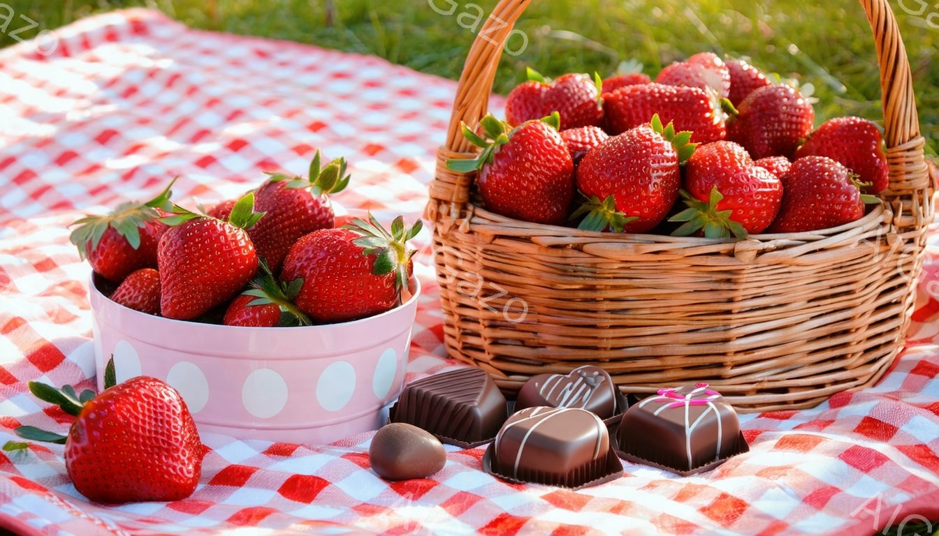 赤いイチゴが、赤い白地のチェック柄の布の上に置かれたバケツと、ピンクの水玉模様の容器にたっぷりと盛られています。チョコレートもいくつか並んでおり、ピクニックのような、甘くて可愛らしい雰囲気が漂っていま - AI生成フリー素材