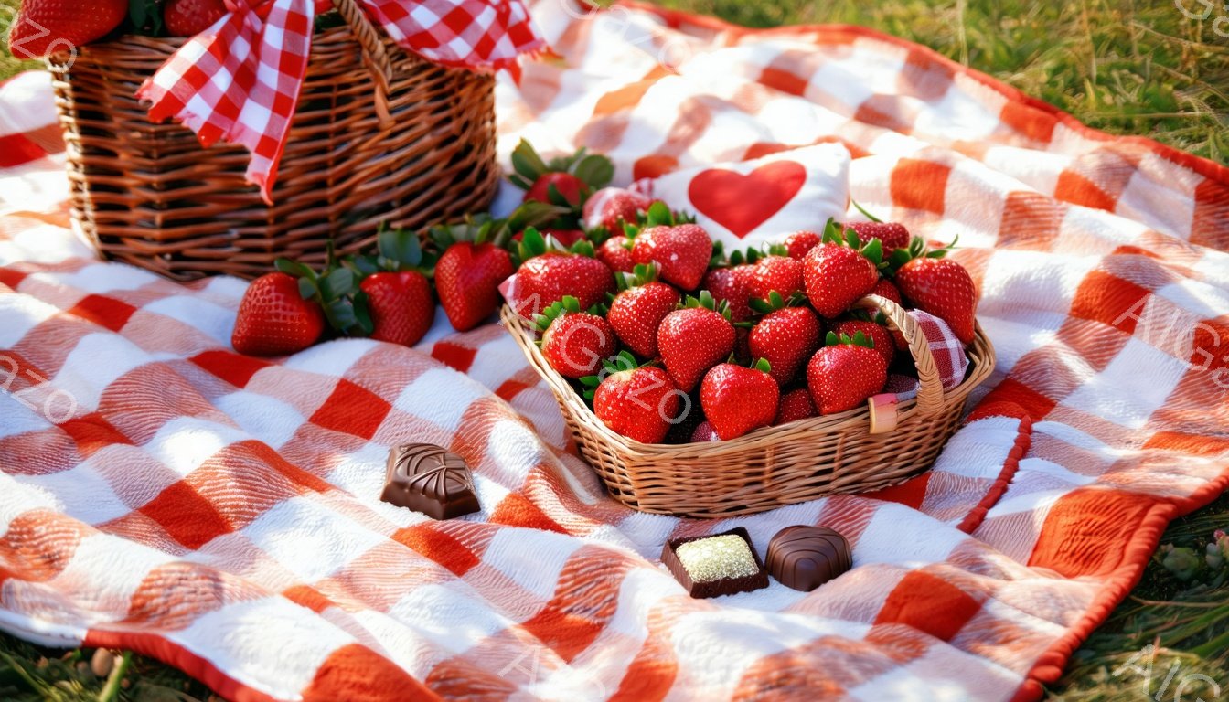 赤と白のチェック柄の敷物の上に、たくさんの新鮮なイチゴが編みかごに入って置かれています。イチゴの周りには、チョコレートがいくつか散らばっており、ピクニックやデザートタイムの様子を連想させます。鮮やかな色彩と自然な背景が、明るく楽しい雰囲気を醸し出しています。