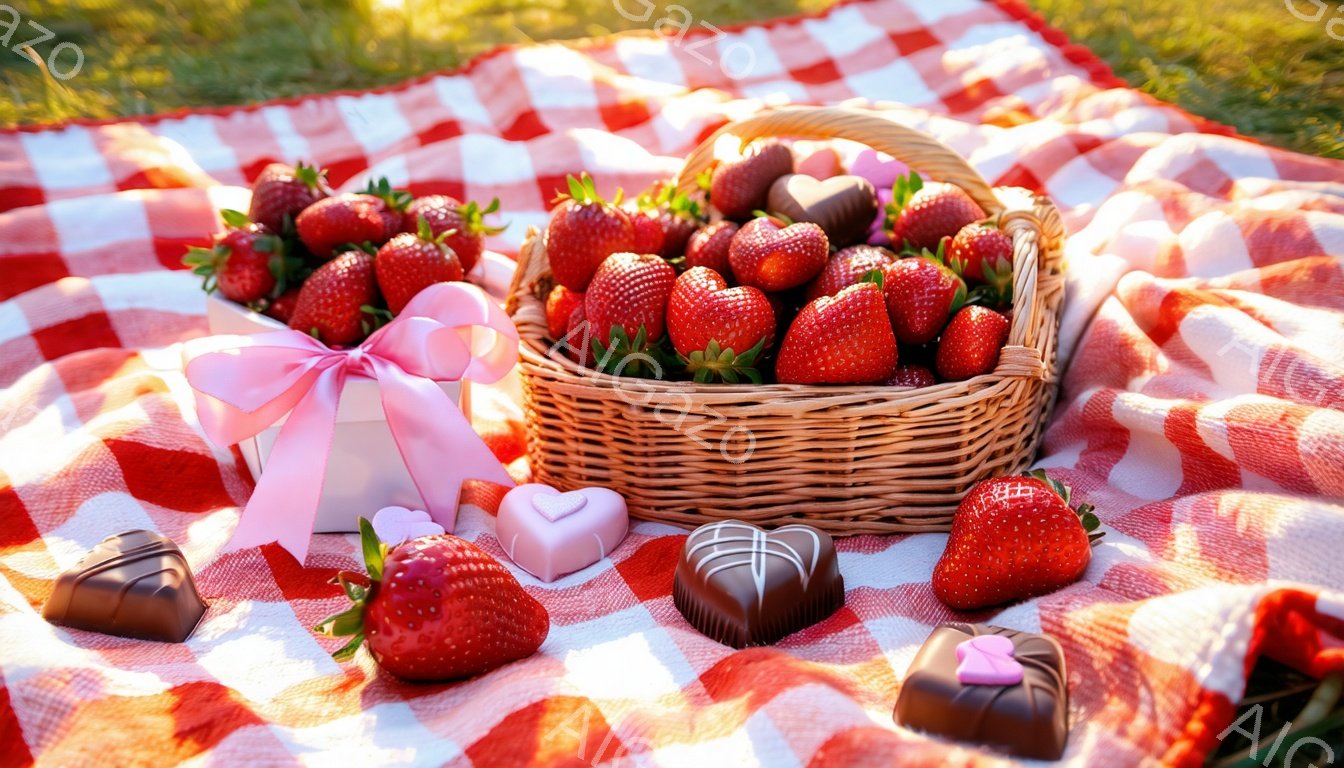 赤と白のチェック柄の布の上に、いちごがたくさん入ったバスケットが置かれています。周りには、ハート型のチョコレートや、さらに新鮮ないちごが散りばめられており、ピクニックや特別な日のデザートを連想させます。明るい光と鮮やかな色彩が、甘くロマンチックな雰囲気を演出しています。