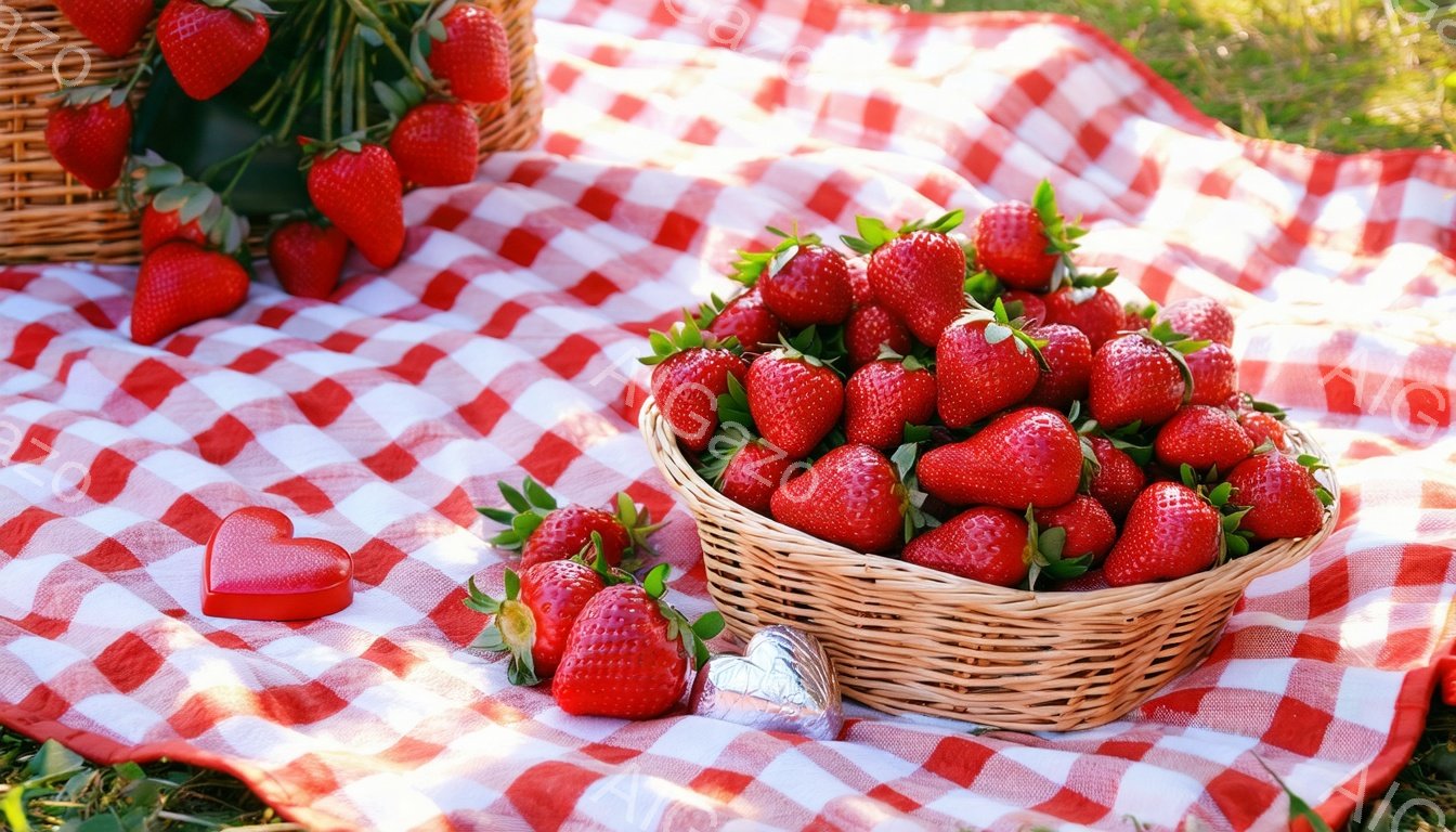赤と白のチェック柄の敷物の上に、新鮮なイチゴがたっぷり詰まったバスケットが置かれています。イチゴの周りには、赤いハート型のチョコレートと銀色のチョコレートが散りばめられており、ピクニックのような雰囲気を醸し出しています。背景は緑の草地で、暖かく穏やかな天気で、イチゴの鮮やかな赤色が際立っています。