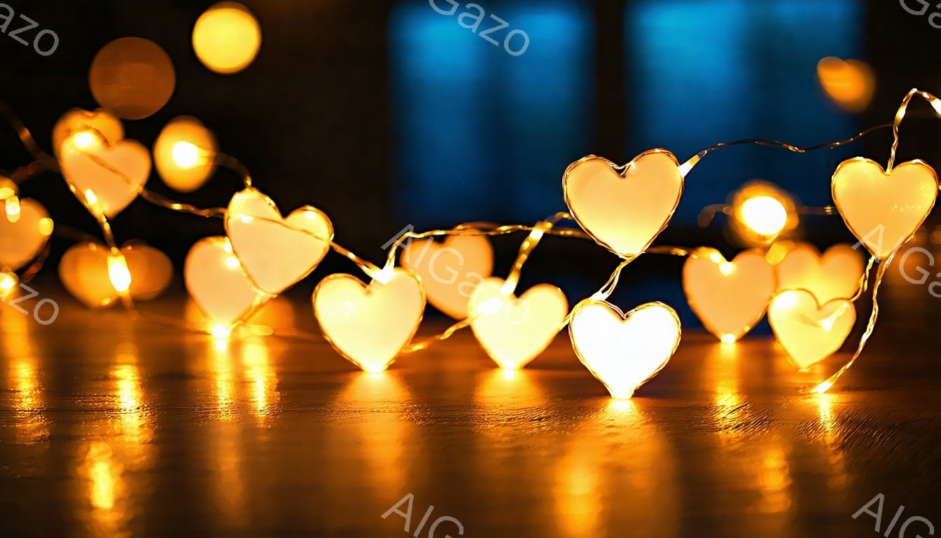 暖かく柔らかい光を放つハート型のライトが、照らされた木製または光沢のある表面の上に並んでいます。背景はぼやけており、暖色系の光が散りばめられた幻想的な雰囲気を作り出しています。全体的にロマンチックで、お祝いや特別な機会を彷彿とさせるような情景です。