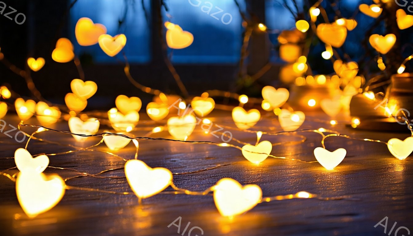 暖かく柔らかな光を放つハート型のライトが、木製の床面に敷き詰められています。背景はぼやけていますが、木々が見え、夜間の静けさを感じさせます。全体的にロマンチックで穏やかな雰囲気を醸し出しており、温かい光が心地よい空間を作り出しています。