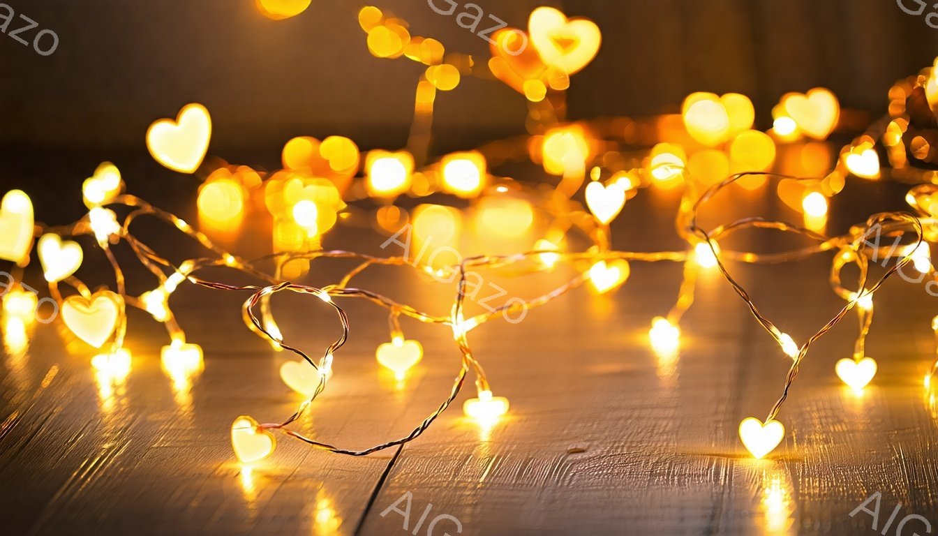温かい光を放つハート型のライトが、木製のテーブルの上に散らばっている。ライトは少しぼやけており、柔らかい光が全体に広がって、ロマンチックで夢のような雰囲気を醸し出している。背景は暗く、ライトの輝きがよ - AI生成フリー素材