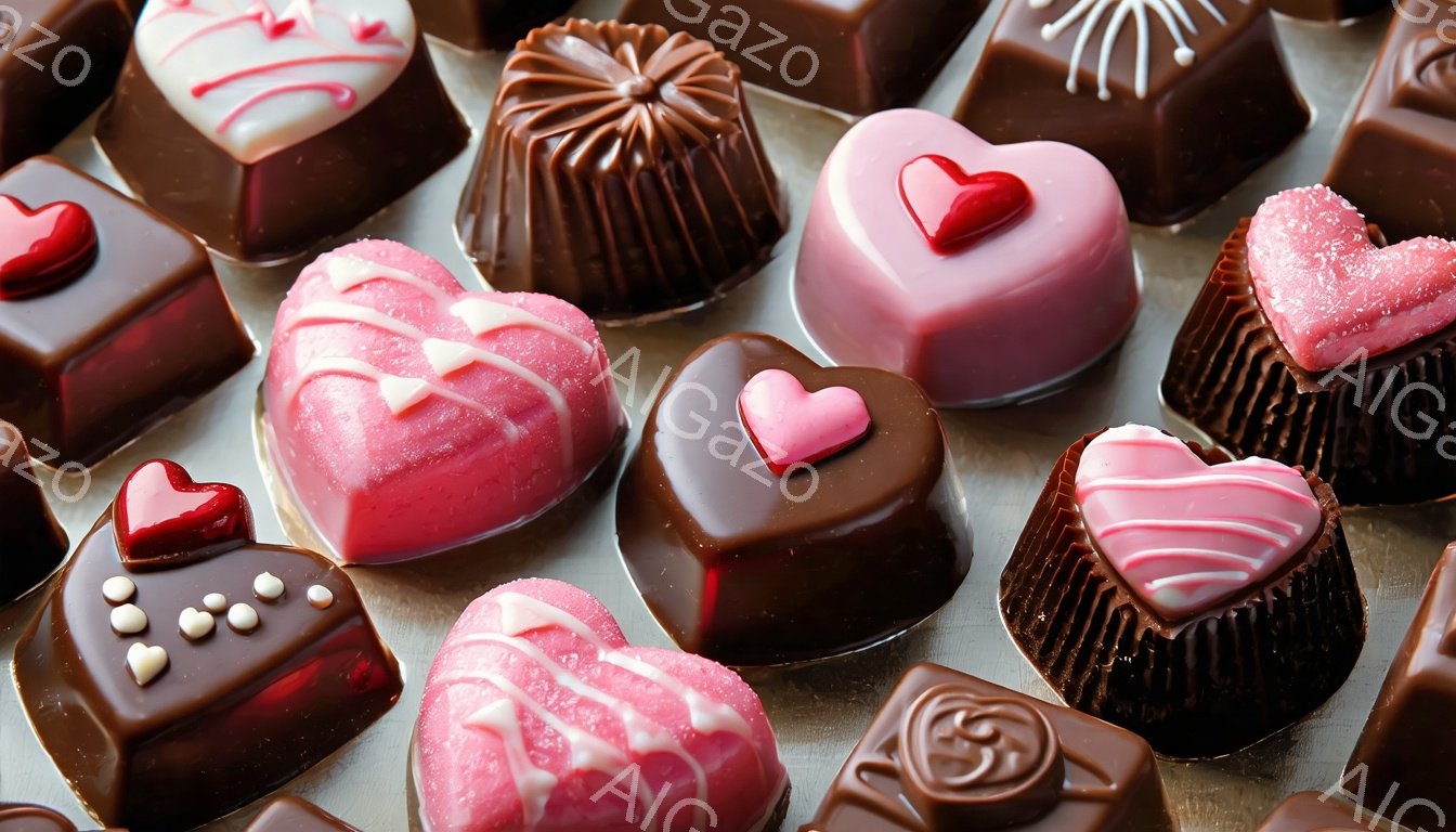チョコレートが様々な形と色で並べられています。ハート型や円錐形、四角形などがあり、ピンク、茶色、白のカラフルな色合いが食欲をそそります。背景は光沢のある金属のようなもので、チョコレートの甘くて華やかな雰囲気を引き立てています。