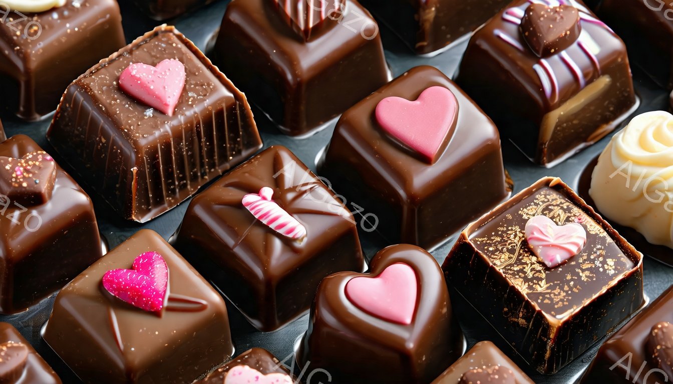 チョコレートがぎっしりと並んだクローズアップ写真です。様々なデザインのチョコレートがあり、中にはハート型のトッピングや模様が施されたものもあります。背景は暗い色調で、チョコレートの鮮やかな色が際立っています。
