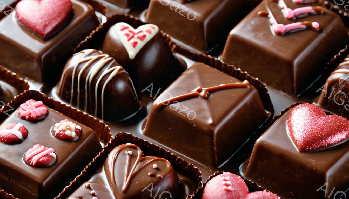 チョコレートの詰め合わせが写っており、様々な形とデコレーションが施されたチョコレートが隙間なく並んでいます。心臓形や四角形、リボンやドット模様、フルーツなど、色彩豊かで繊細な装飾が食欲をそそります。背景は暗く、チョコレートの鮮やかな色合いが際立っており、高級感と甘美な雰囲気を醸し出しています。