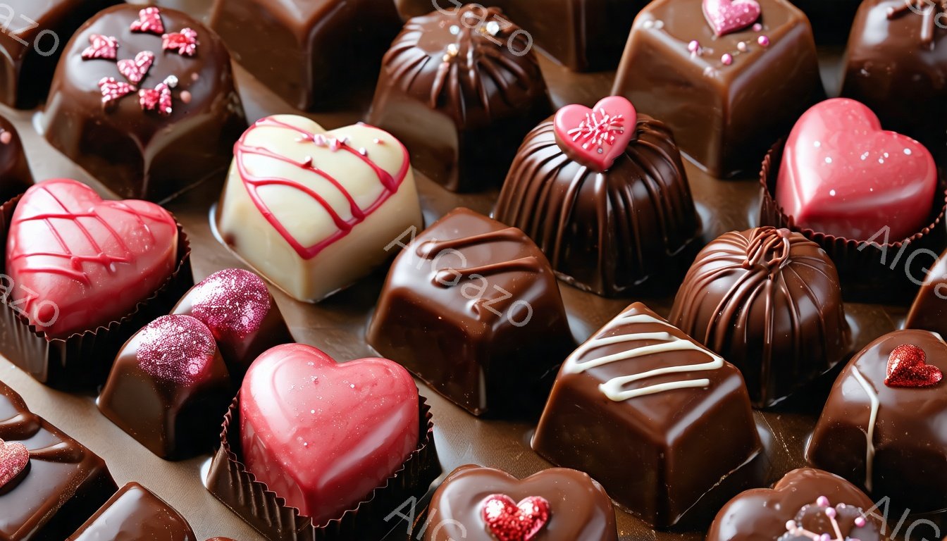 様々なチョコレートが密集して配置されています。赤、茶色、白などの色が混ざり合い、表面には繊細な模様や飾り付けが施されています。紙製のカップに入ったものもあり、バレンタインデーや特別な機会に贈られる高級感のあるチョコレートのコレクションです。