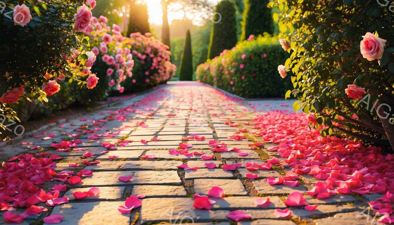 石畳の道が、ピンク色のバラの花びらに埋め尽くされています。両脇には手入れの行き届いたバラの茂みが咲き誇り、背景には緑豊かな生垣と高く伸びる木々が見えます。夕日の光が差し込み、ロマンチックで夢幻的な雰囲気を醸し出しています。