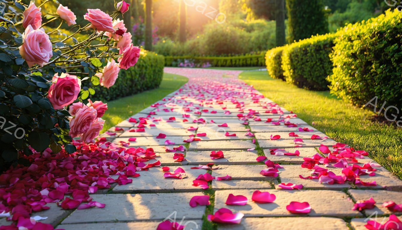 レンガ造りの道にバラの花びらが散りばめられ、まるで赤い絨毯のようです。道の両脇には手入れの行き届いた緑の生垣が立ち並び、奥には明るい光が差し込んでいます。全体的に優雅でロマンチックな雰囲気が漂っています。