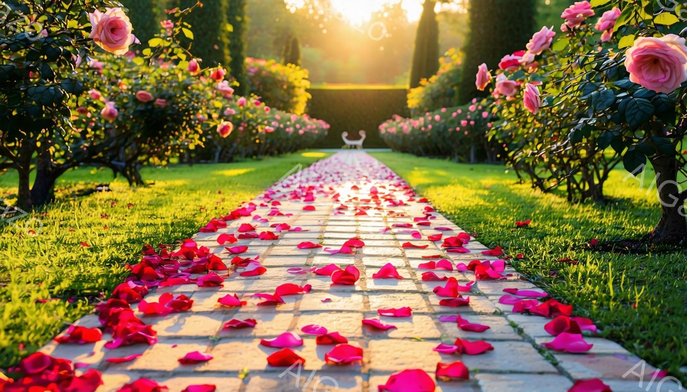 レンガ造りの小道にバラの散りびらが敷き詰められ、幻想的な光景が広がっている。夕暮れ時の柔らかな光が差し込み、小道の奥には緑豊かな植生と整った庭園が広がる、静かでロマンチックな雰囲気が漂う。バラの色とりどりのピンクが、夕陽に照らされ、より一層美しく際立っている。