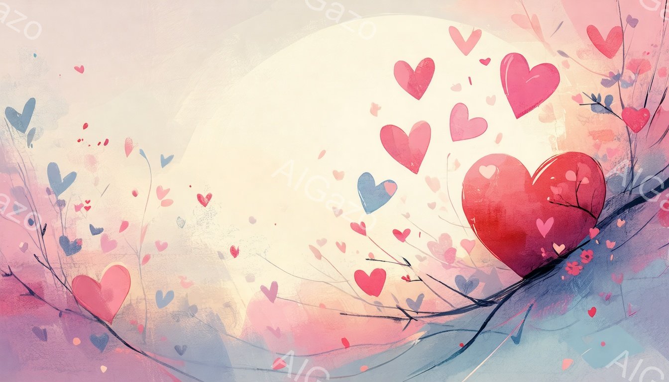 柔らかいピンクと水色の背景に、たくさんのハートが舞い散っている様子が描かれています。画面下部には、枯れ枝が伸びており、その上に大きく赤いハートが一つ置かれています。全体的にロマンチックで、優しく暖かい雰囲気が漂っています。