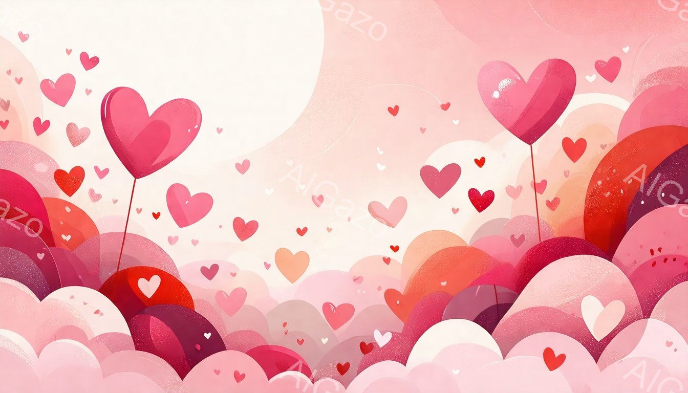 鮮やかなピンクと赤色のハートが背景全体に散りばめられており、まるで愛のシャワーのようです。背景はグラデーションで構成され、光沢のある丸い形が重なり合い、ロマンチックで夢のような雰囲気を作り出しています - AI生成フリー素材