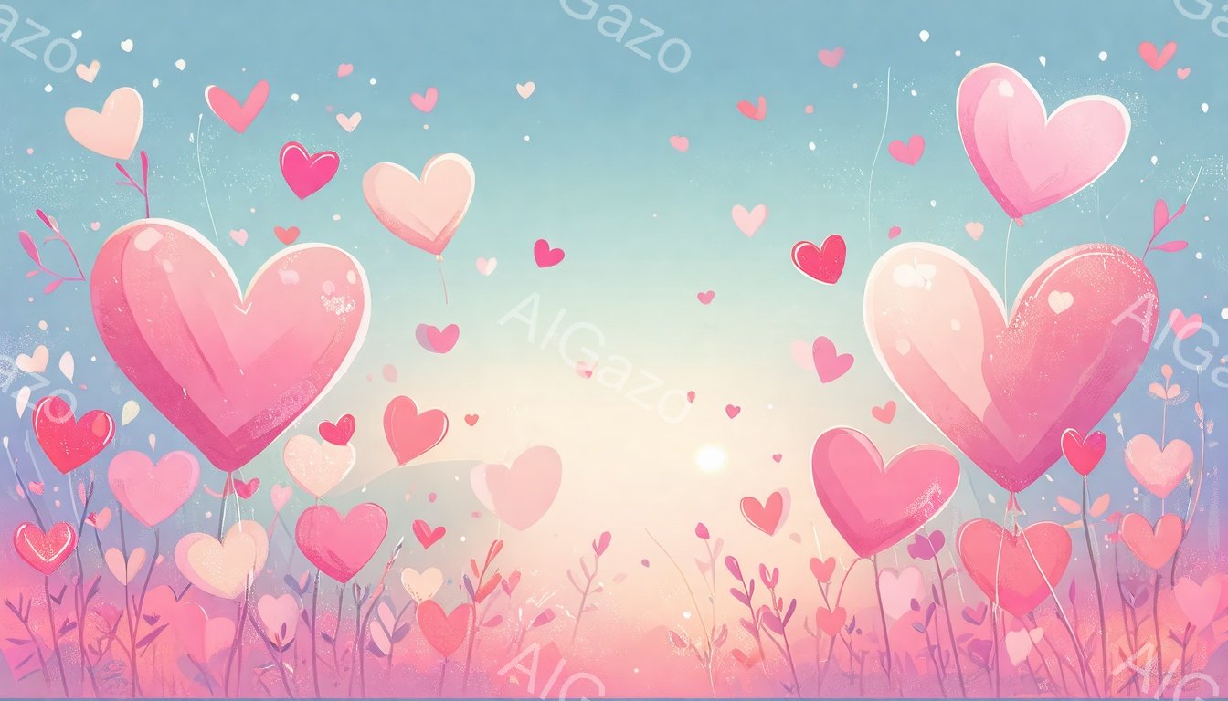 ピンク色のハートが空中にたくさん浮かび、下にはピンク色の植物が茂る幻想的な風景です。背景は淡いピンクからオレンジ、そして水色へとグラデーションしており、全体的に柔らかくロマンチックな雰囲気を醸し出しています。光が差し込み、春らしい暖かく優しい印象を与えます。