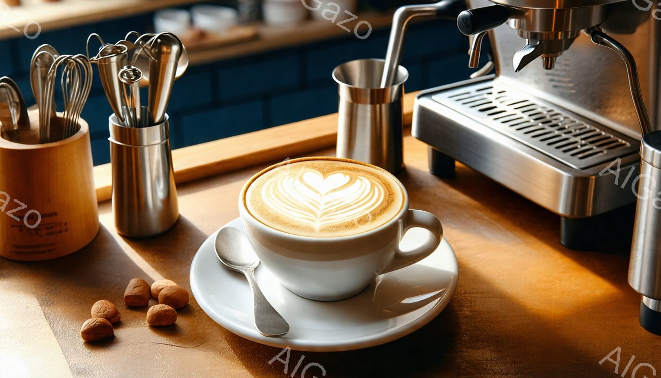 白いカップに入ったラテアートが印象的な写真です。ハートの形に施されたミルクフォームが美しく、飲み物の温かさと繊細さを表現しています。背景にはエスプレッソマシンやスプーン、ヘーゼルナッツが写っており、カフェのカウンターのような落ち着いた雰囲気が漂っています。