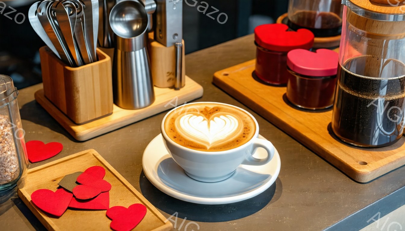 白いカップに入ったラテアートが、灰色のソーサーに乗って中央に置かれている。背景には、メジャーカップや赤い蓋の瓶が並べられた木製のトレイがあり、周囲には赤いハート形の紙片が散らばっている。暖色系の照明とコーヒーの香りが感じられる、カフェの静かで心地よい雰囲気のテーブル風景だ。