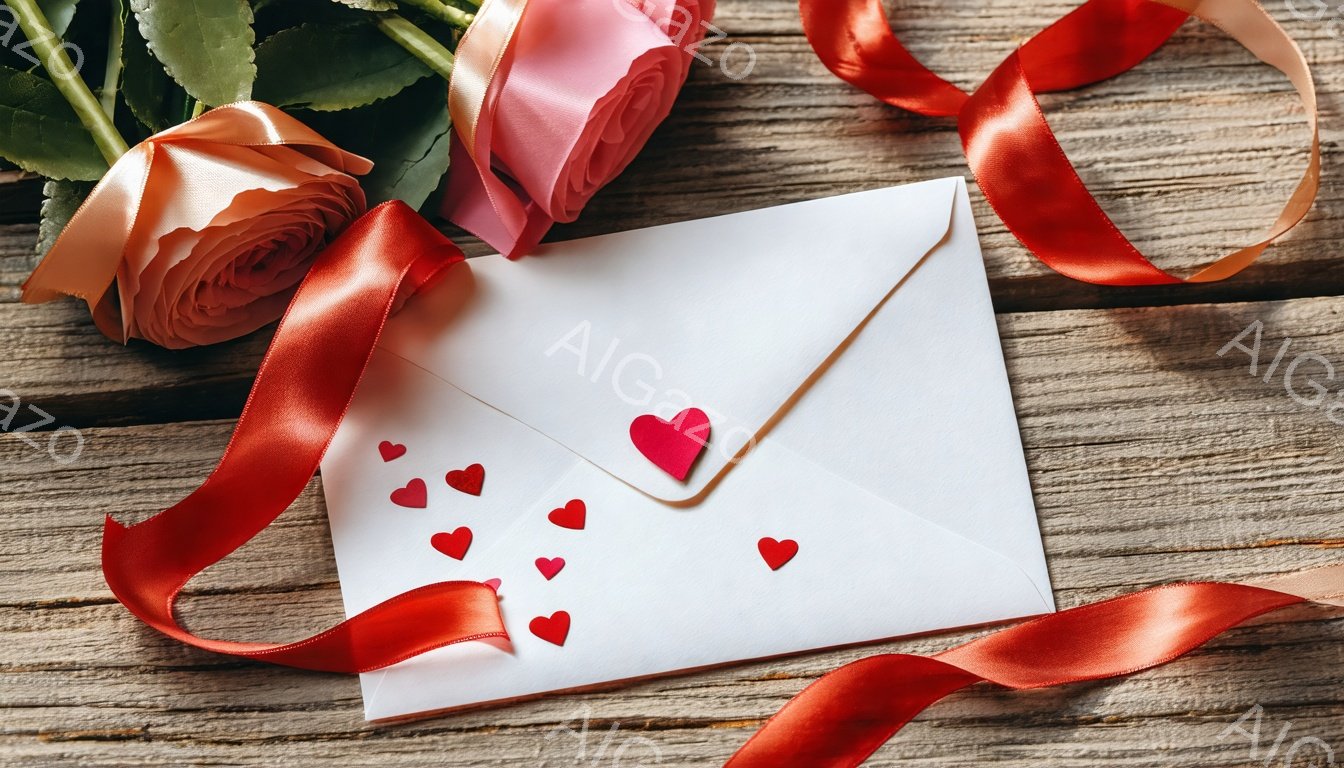 淡いピンク色のバラと、赤いリボン、そして小さなハートの紙片が、古びた木製のテーブルの上に配置されています。開いた白い封筒は愛らしい雰囲気を醸し出し、リボンは優雅に曲線を描いています。全体的にロマンチックで温かい印象を与える、バレンタインデーや記念日を連想させる光景です。