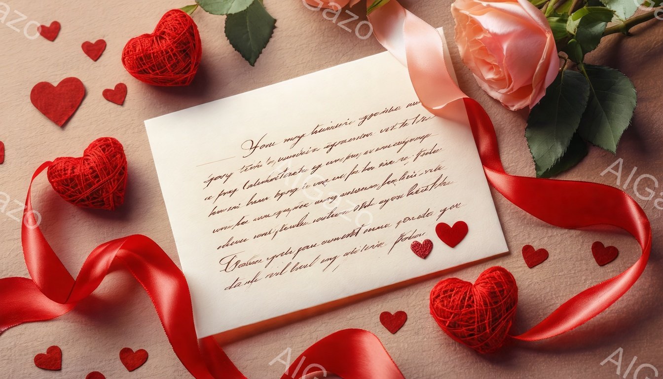 明るいクリーム色の背景の上に、赤い糸で作られたハートのオーナメントとピンクと白のバラが散りばめられています。赤いリボンがリラックスした状態で配置され、全体的にロマンチックで優しい雰囲気を醸し出しています。この構成は、バレンタインデーや愛情表現をテーマにした装飾やカードに最適です。