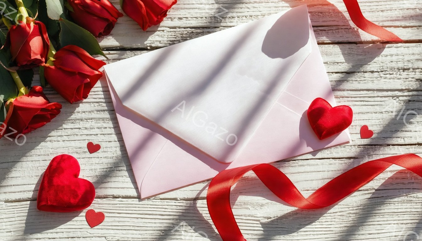 白い木製の板の上に、ピンク色の封筒と赤いバラ、ハート型の赤い飾り、赤いリボンが置かれています。バラはまだつぼみが残っており、リボンは優雅に曲がりくねっています。全体的にロマンチックで愛情深い雰囲気が漂っています。