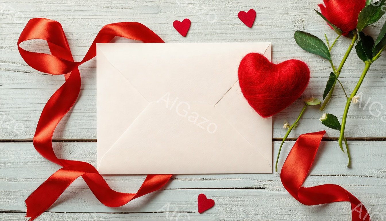 薄い水色の木製の背景に、白の封筒が置かれています。鮮やかな赤いリボンと、ふわふわした赤いハート、そして赤いバラの花が添えられており、愛らしい雰囲気を醸し出しています。全体的にロマンチックで、バレンタインデーや愛情表現を想起させるイメージです。
