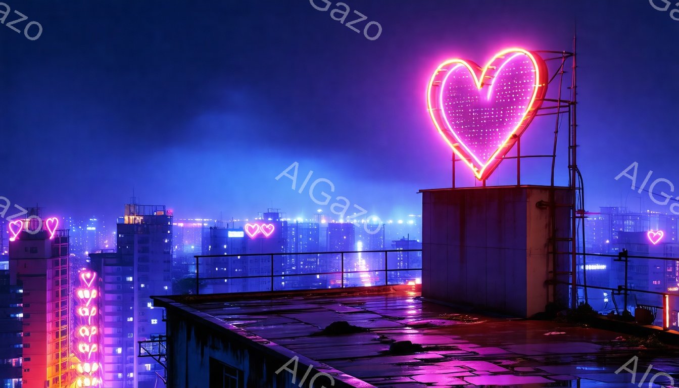 紺碧の夜空を背景に、高層ビルの屋上から街並みを一望できる光景が広がっています。屋上には、ピンク色のネオンサインでできた大きなハートが設置されており、周囲の建物もピンク色に照らされ、幻想的な雰囲気を醸し出しています。遠くには都市の灯りがぼんやりと広がり、夜の静けさと活気が混ざり合った、少し寂しげな印象を与えます。