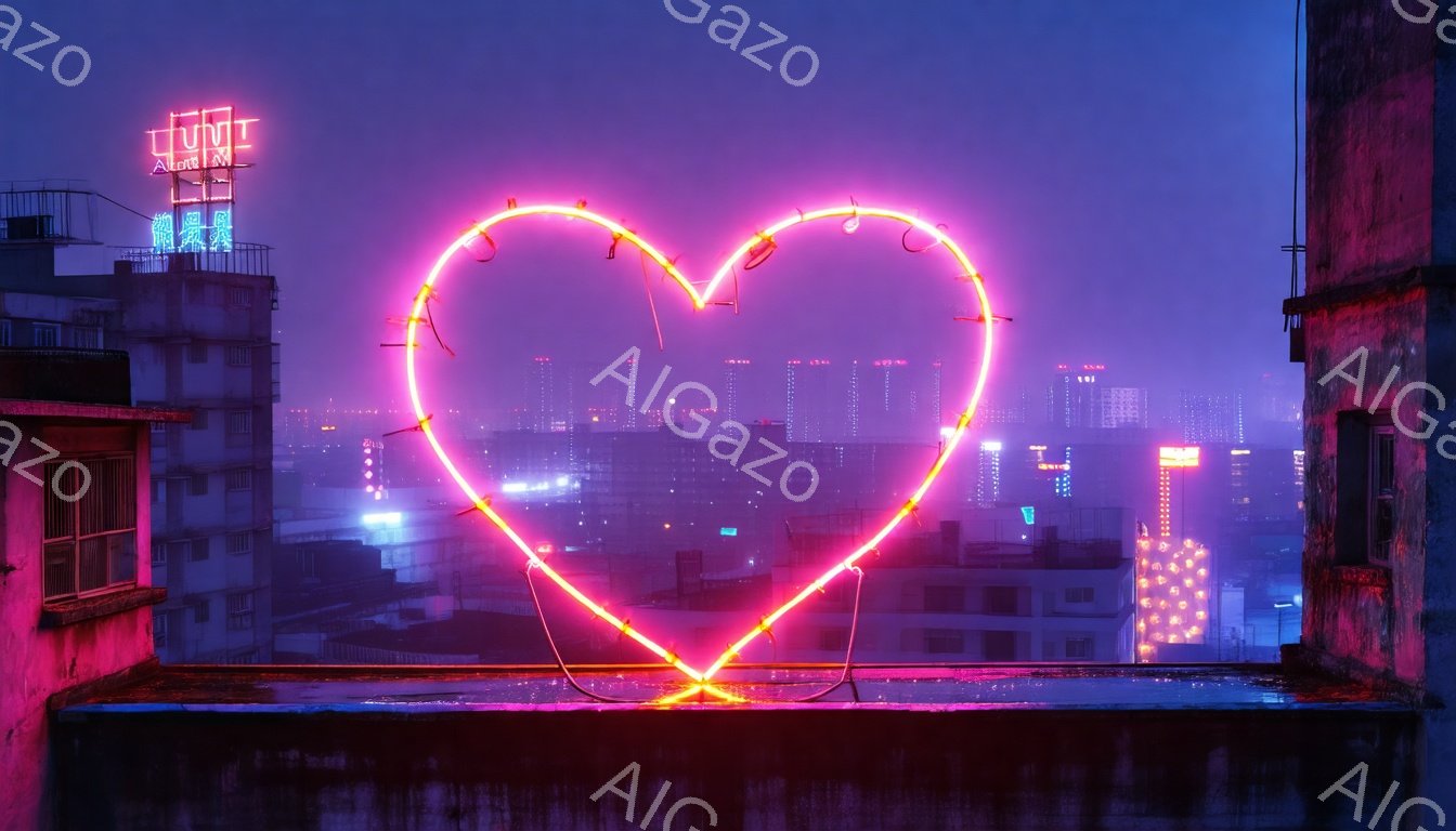 画像は夜の都市を見下ろす屋上から撮影されたもので、屋上に設置されたネオンピンク色の大きなハートが印象的です。背景には霧に包まれた都市のスカイラインが広がり、無数の光が点在しています。全体的に、幻想的で少し寂しげな雰囲気が漂っています。