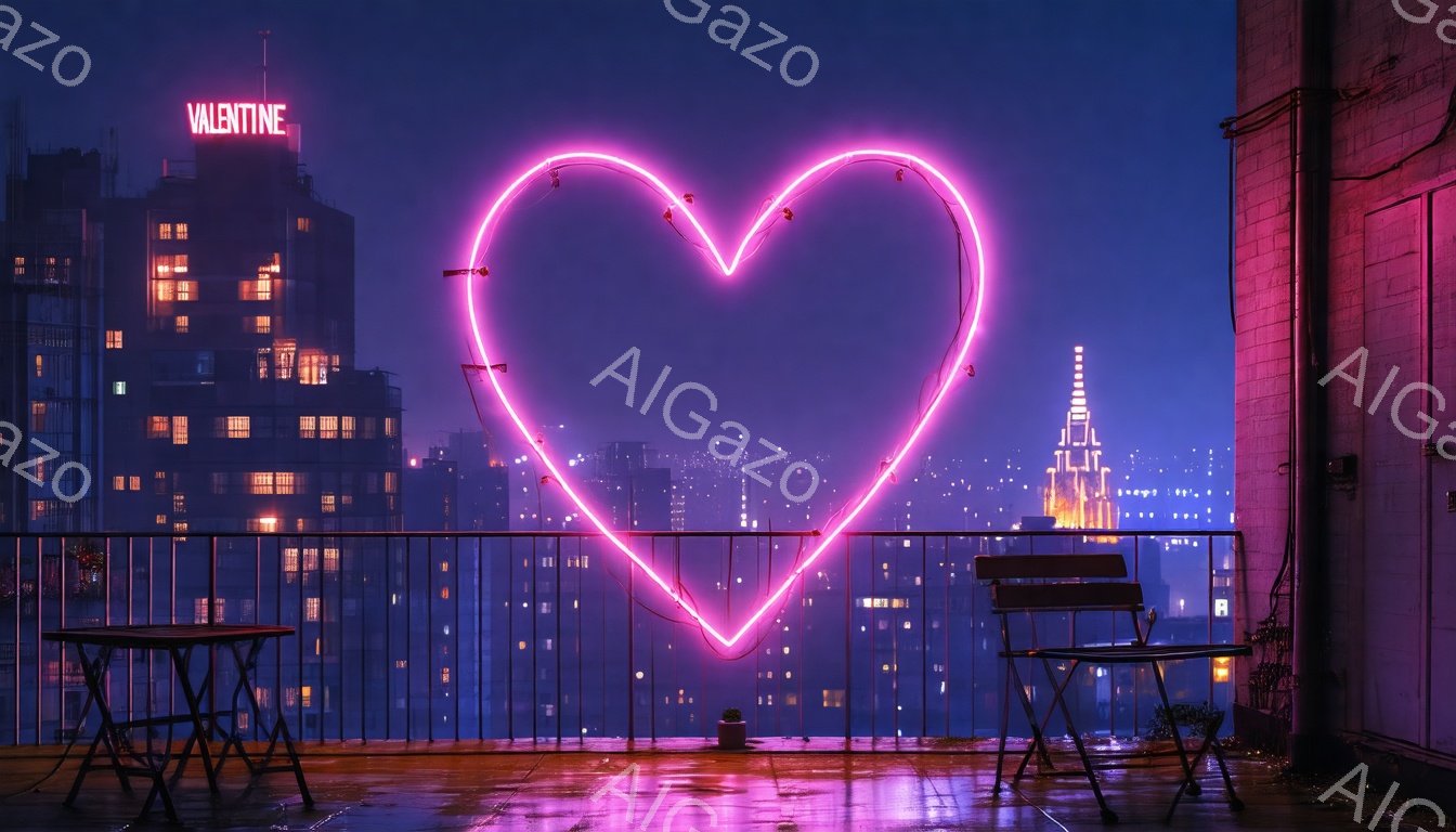 夜景を背景に、ネオンピンクの大きなハートが浮かび上がっている。高層ビル群が広がり、遠くには街の灯りが点在し、薄暗い紫色の空が広がっている。バルコニーには、数脚のテーブルと椅子が並び、植物も置かれており、ロマンチックで幻想的な雰囲気を醸し出している。