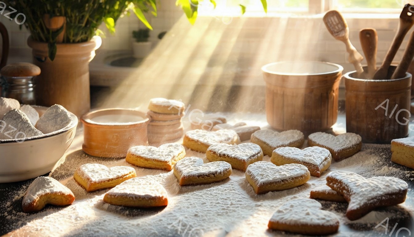 打ち粉をまとったハート型のクッキーが、薄暗い台所に並べられています。窓から差し込む光線が埃を照らし、温かく優しい雰囲気を醸し出しています。背景には陶器製の容器や木製の調理器具が置かれ、手作りのお菓子が - AI生成フリー素材