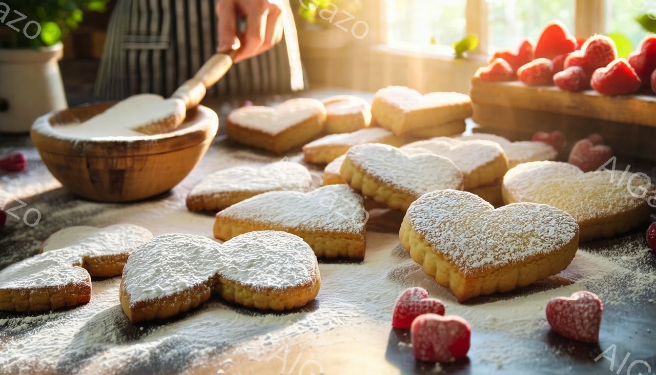 白い粉砂糖をふりかけたハート型のクッキーがテーブル上に並べられています。背景には赤いイチゴが盛り付けられたお皿や、木製のボウルと泡立て器が見え、温かい光が差し込み、家庭的な雰囲気を醸し出しています。全体的に、バレンタインデーや愛情あふれる手作りのお菓子を連想させる、ほっこりとしたイメージです。