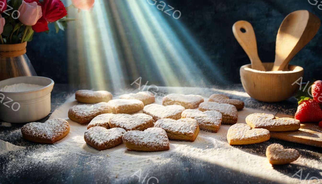 打ち粉を散らした木製ボードの上に、ハート型のクッキーが並べられています。背景には、花が活けられた金属製の容器と、木製のスパチュラが置かれた木製のボウル、そして数個のイチゴが見えます。光線が差し込み、暖かく、お菓子作りを楽しむ穏やかな雰囲気が漂っています。