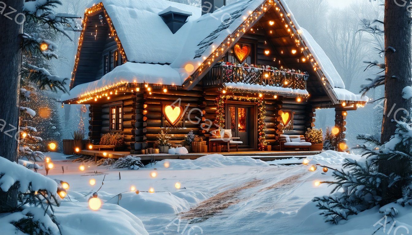 雪に覆われた丸太小屋が、温かい光で飾られています。窓や屋根からこぼれる光は、冬の暗い森の中に暖かさを添え、玄関ポーチには飾り付けられた植物や、くつろげる椅子が置かれています。雪景色と暖かな光のコントラストが、静かで平和なクリスマスの雰囲気を醸し出しています。