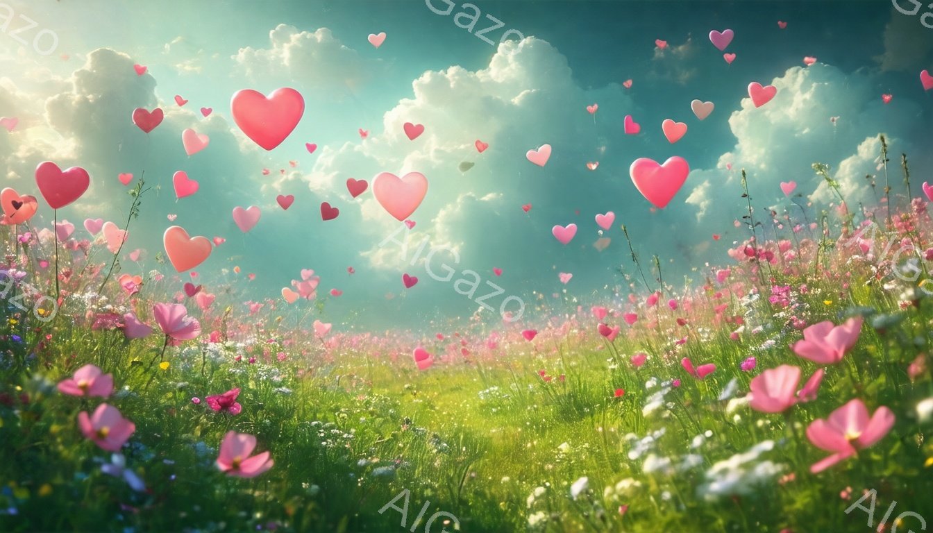 広大な草原が咲き誇り、ピンクや白の花々が密集している。空にはふわふわとした雲が浮かび、たくさんのハート型の紙吹雪が舞い上がっている様子が描かれている。明るい日差しが差し込み、温かくロマンチックな雰囲気を醸し出している。