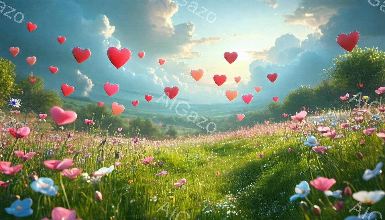 広大な緑の草原が広がり、ピンクや青、白などの様々な色の野花が咲き乱れている。空には、たくさんの赤いハートが舞い上がり、背景には緑豊かな丘と木々、そして穏やかな青空と白い雲が広がっている。全体的に、愛と希望に満ちた、平和で幻想的な雰囲気を醸し出している。