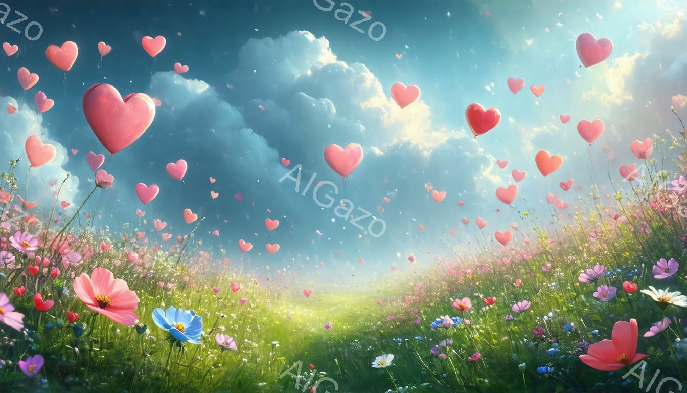 広大な草原が広がり、ピンク、白、紫などの色とりどりの花々が咲き乱れている。空にはふわふわとした雲が浮かび、無数のハート型の風船が舞っている様子が描かれている。全体的に柔らかく、夢のような、ロマンチックな雰囲気が漂っている。
