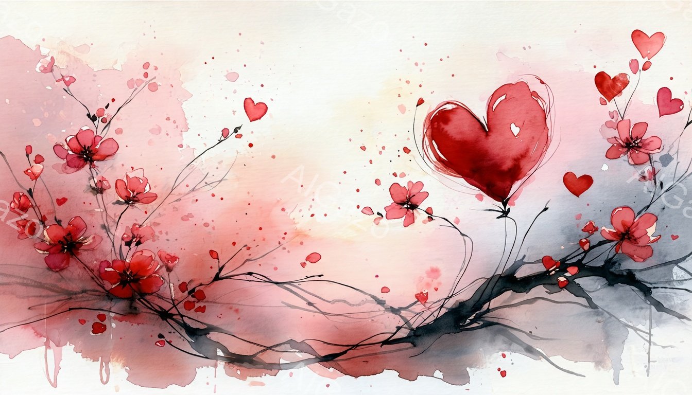 鮮やかな赤いハートが中央に浮かび、周囲には咲き誇る桜の花びらが描かれています。背景は水彩画のような淡いピンクとグレーのグラデーションで、まるで春の夢のような雰囲気を醸し出しています。花びらやハートは、散りばめられた小さな赤い点がアクセントとなり、ロマンチックで優しい印象を与えます。
