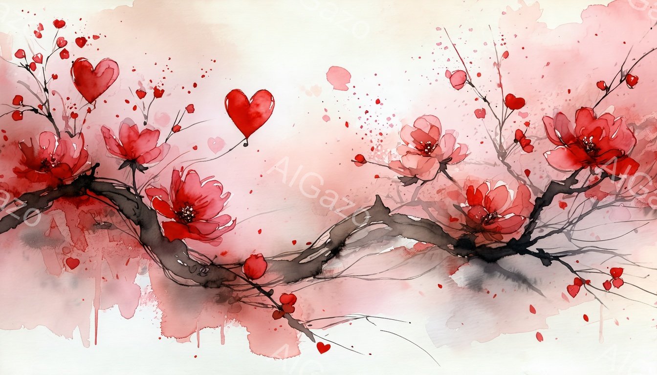 鮮やかな赤色の花々が、黒い枝に咲き乱れている水彩画風のイラストレーションです。背景は淡いピンク色で、花びらが舞い散るような水滴模様が広がっています。全体的にロマンチックで、春の訪れを感じさせる暖かな雰囲気です。