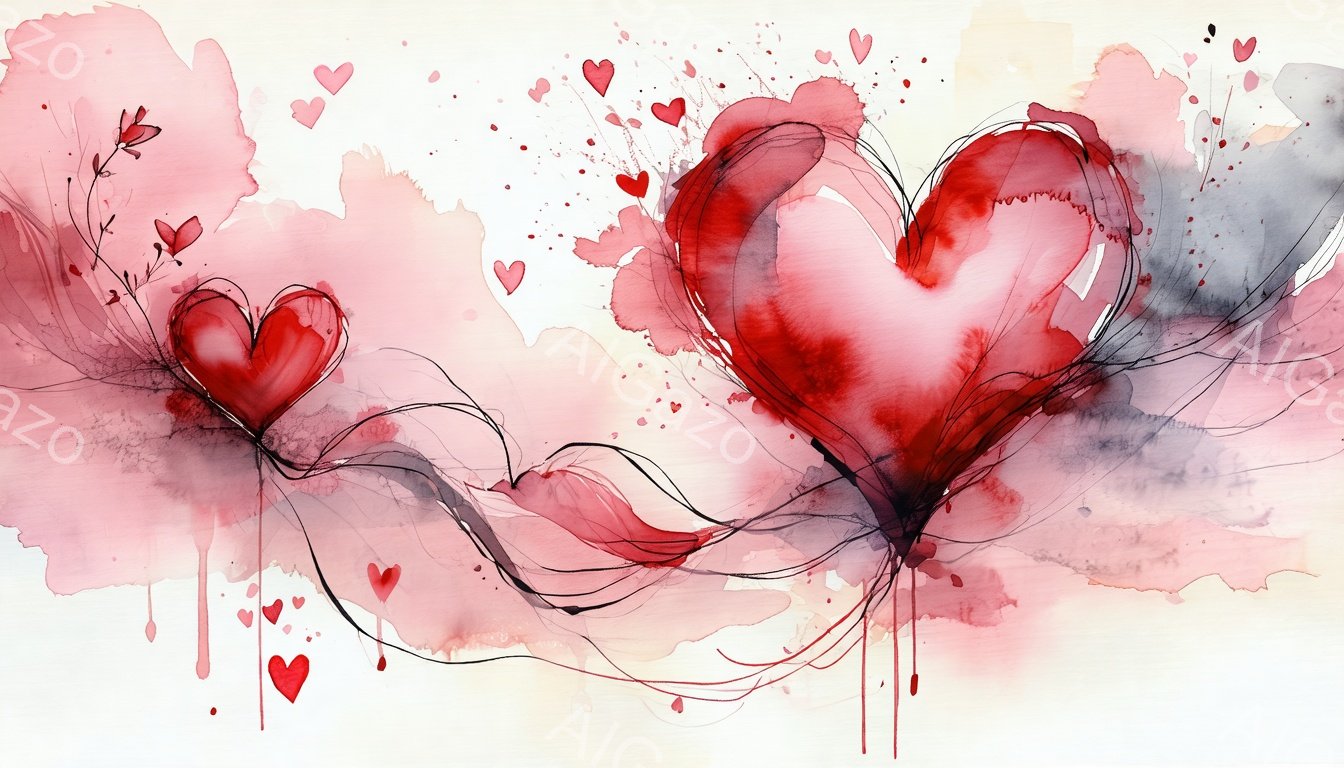 この画像は、水彩画のようなタッチで描かれた複数のハートが特徴的です。大きなハートが二つ寄り添い、細い線で繋がれており、周囲には小さなハートが散りばめられています。背景は淡いピンクとグレーのグラデーションで、ロマンチックで優しい雰囲気を醸し出しています。
