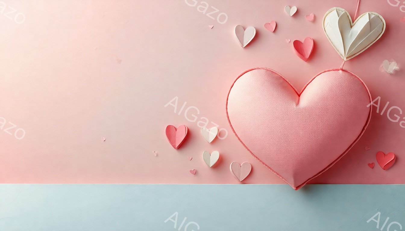 淡いピンク色と水色の背景に、大きなふわふわのピンク色のハート型クッションが置かれています。周りには、切り紙で作られた様々な色の小さなハートが散りばめられており、ロマンチックで優しい雰囲気を醸し出しています。クッションは少し傾いて配置され、まるで愛情が溢れ出しているかのようです。
