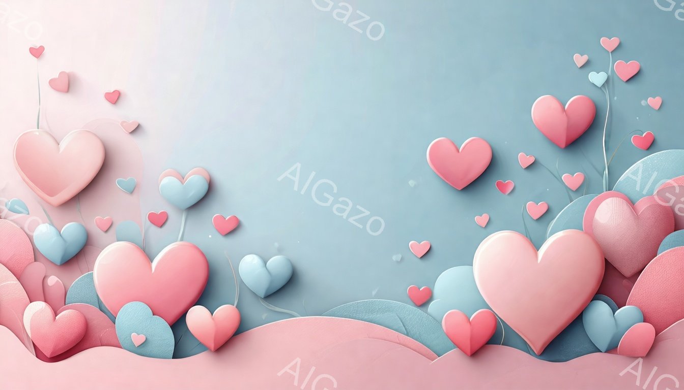 柔らかいピンクと水色のハートが、空中に浮かび、紙細工のような立体的な表現が特徴です。ハートは様々な大きさで、背景は淡いグラデーションで、穏やかで優しい雰囲気を醸し出しています。下部には、緑色の波のような曲線があり、ハートがその上空を舞っているように見えます。