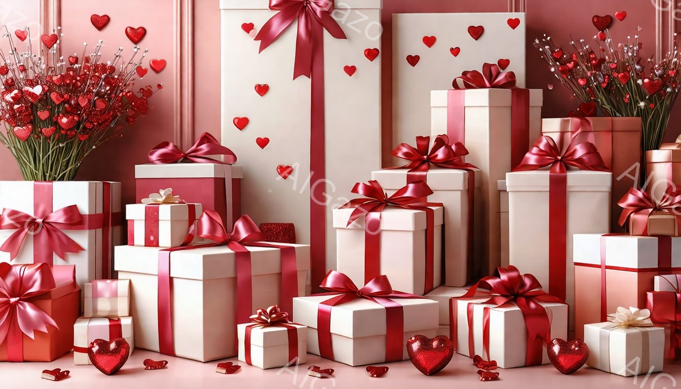 ピンク色の背景に、様々なサイズの白いギフトボックスが積み重ねられ、赤いリボンで飾られています。空中には赤いハートが舞い、地面には赤いハート型のチョコレートが散りばめられており、華やかでロマンチックな雰 - AI生成フリー素材