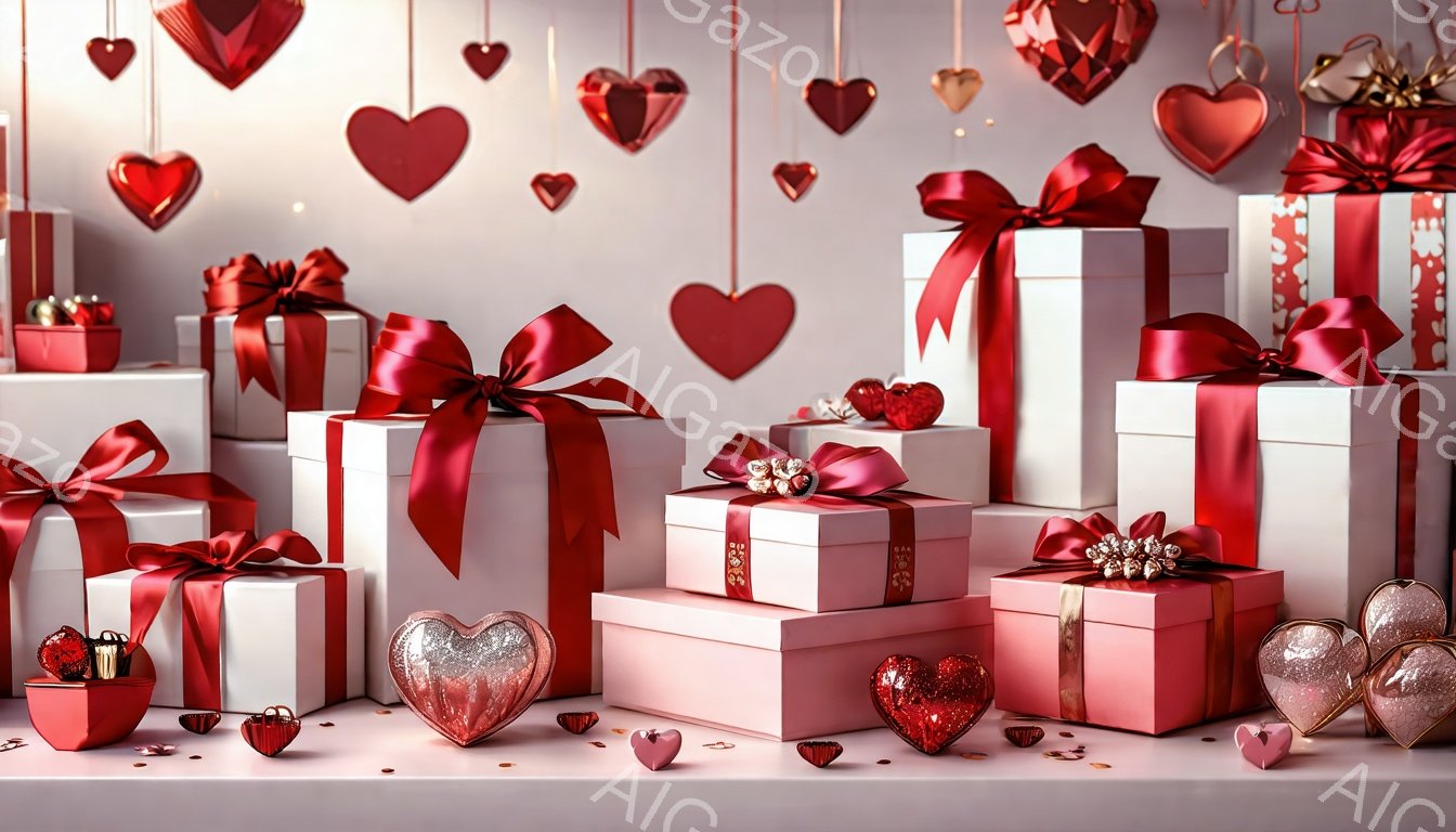 白とピンクのギフトボックスが積み重ねられ、赤いリボンで飾られています。背景には様々な形の赤いハートが吊り下げられ、床にはハート型のキラキラした飾りや小さなギフトボックスが散りばめられています。全体的にロマンチックで華やかな雰囲気が漂い、バレンタインデーや愛情表現を連想させます。
