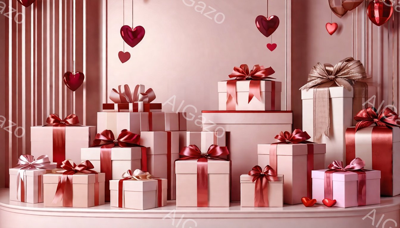 ピンク色の背景に、様々な大きさのギフトボックスが積み重ねられ、展示されています。ボックスは白または薄いピンク色で、深紅色のリボンや、光沢のある金色のリボンで飾られており、上部には心形のオーナメントが吊るされています。全体的にロマンチックで、お祝いの雰囲気が漂い、バレンタインデーや誕生日などの特別な機会を連想させます。