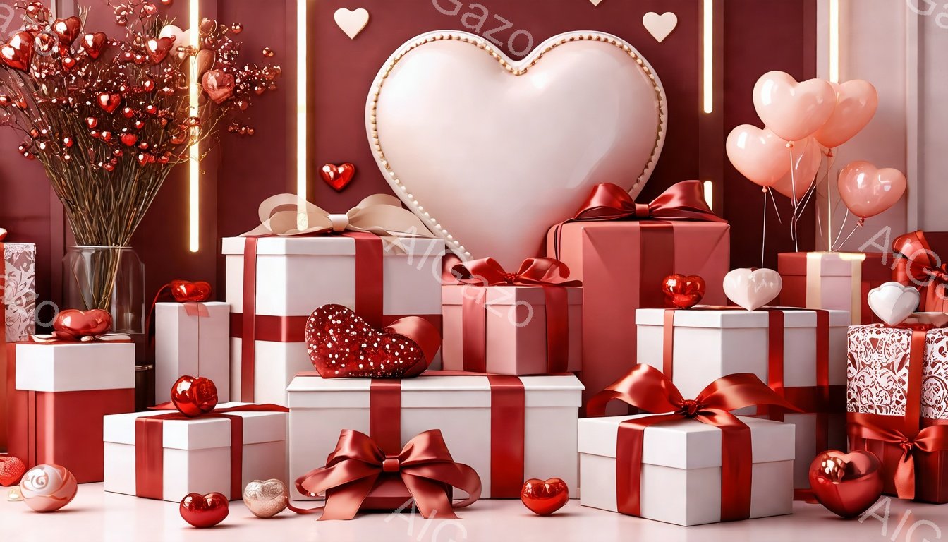バレンタインデーをテーマにした、赤と白を基調としたギフトボックスの積み重ねが印象的な画像です。背景にはハート型の装飾や、赤いバラ、風船が配置され、ロマンチックな雰囲気を醸し出しています。全体的に華やかで、贈り物や愛情表現が感じられる、温かいイメージです。